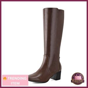 Knee High Boots Square Toe Chunky Block Heel Side Zipper